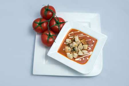 a Hero Shot of a Tomato Soup with bread crumbs, oregano on a minimal white background with a diagonal 45 angleの写真素材