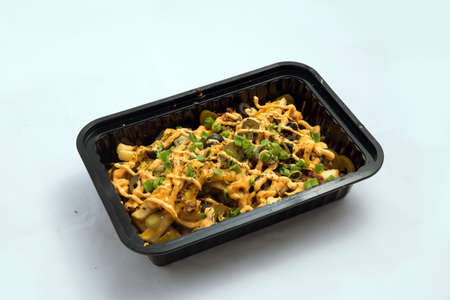 A high contrast Hero shot of a Take-Away Hot Loaded fries / chips with cheese, ground meat, olives, jalapeno, sauce & oregano, on a minimal white background with a 45 degree angle from zoomed out left diagonal perspective.の写真素材