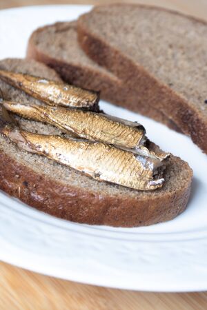 A can of sprats in oil and sprats on rye breadの写真素材