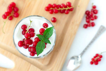 Light summer breakfast parfait with granola, vegan greek yogurt, redcurrant berries and garnished with basil leaves. Light and airy aestheticの写真素材