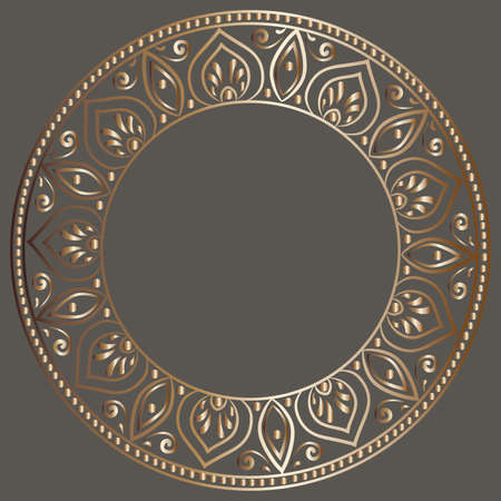 drawing of a round gold gradient frame with floral ornament on a dark gray backgroundのイラスト素材