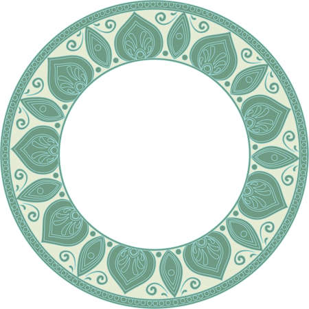 drawing of a round green gray frame with floral ornament on a white backgroundのイラスト素材