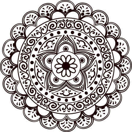 Drawing of a abstract vector with floral round lace mandala, decorative element in ethnic tribal style, black line art on a white backgroundのイラスト素材
