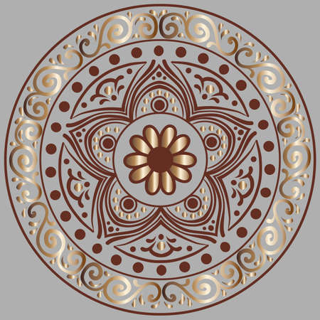 Drawing of a floral mandala in brown and gold colors on a dark gray backgroundのイラスト素材