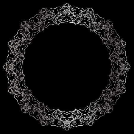Drawing of a round silver gradient frame with floral ornament on a black backgroundのイラスト素材