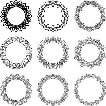 Set of ornamental black floral round frames on a white backgroundのイラスト素材