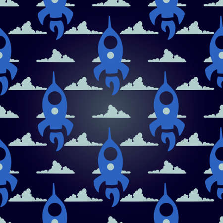 Simple children seamless pattern with gray clouds and blue rockets on a dark blue background.のイラスト素材