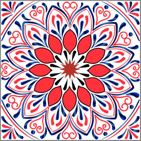 Drawing of a floral mandala in blue, orange and red colors on a white background. Hand drawn tribal vector stock illustrationのイラスト素材