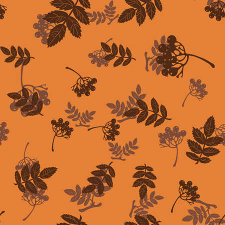 Pattern with leaves and berries of mountain ash on a light brown illustration.のイラスト素材