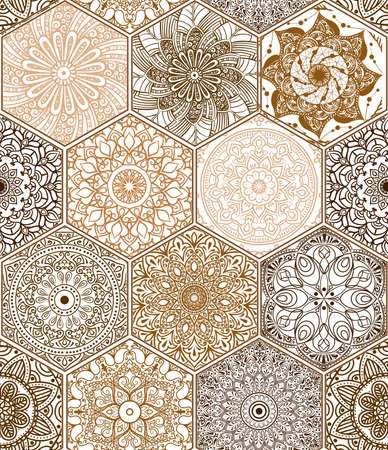 Oriental seamless pattern in style of colorful floral patchwork boho chic with mandala in hexagon elements.のイラスト素材