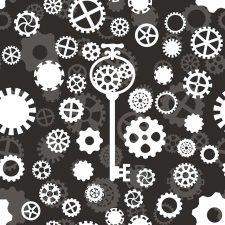seamless pattern with black and white gears and key on a light gray backgroundのイラスト素材