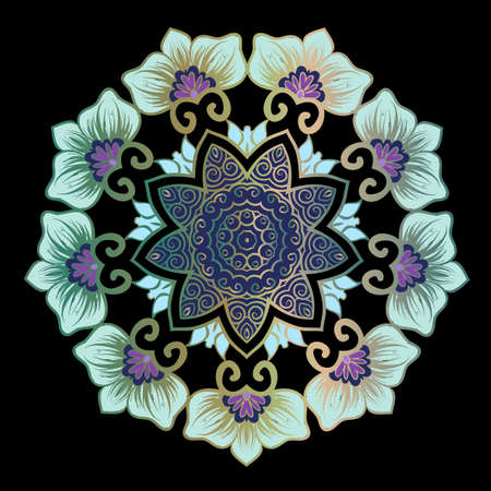 Drawing of a floral mandala in violet, blue and turquoise colors on a black background. Hand drawn tribal, vector stock illustration.のイラスト素材