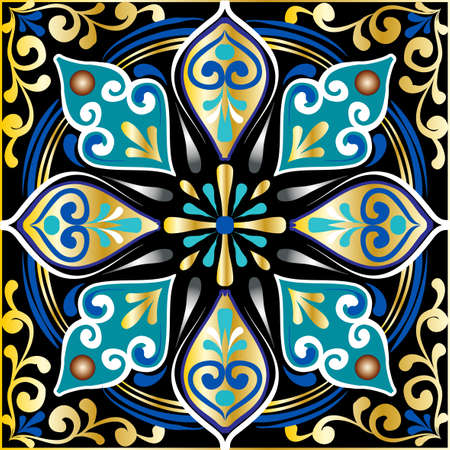 Drawing of a floral mandala in gold, blue and turquoise colors on a black background. Hand drawn tribal vector stock illustrationのイラスト素材