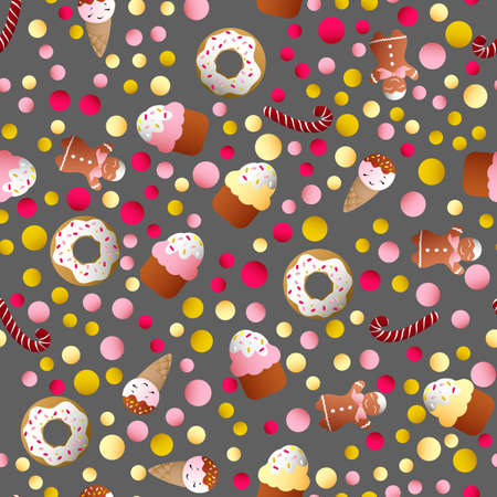 Seamless pattern with ice lolly, cookies, donuts with cream, cupcakes, bonbon and sprinkles with smile faces and colorful round candy on a light monochromatic backgroundのイラスト素材