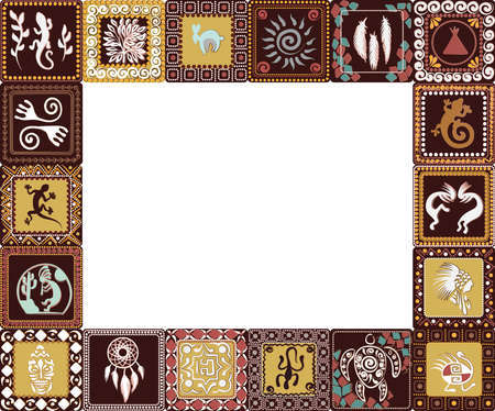 Frame with squares pattern with imitation of elements of rock art of ancient Indians, Aztecs, cavemen Vector illustration.のイラスト素材