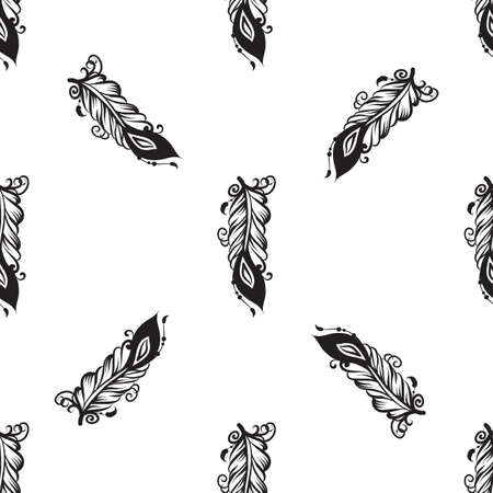 Seamless black and white pattern with drawing of feathers in oriental ethnic style - black line art on a white backgroundのイラスト素材