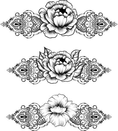 Ethnic indian line art border in mehendi ethnic style on a white background, mehendi templateのイラスト素材