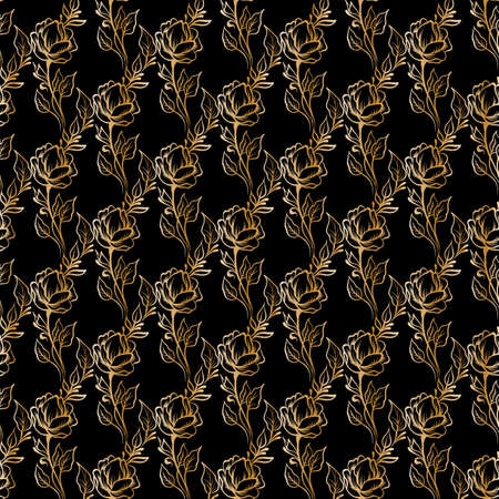 Lace elegant vintage floral pattern - gold line art on a black background, hand drawn vector illustrationのイラスト素材