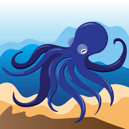 blue octopus on the background of sand and water, at the bottom of the sea, Hand Drawn Vector illustrationのイラスト素材