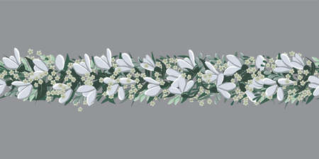 vector drawings of seamless border wreath with leaves and bellflowersのイラスト素材