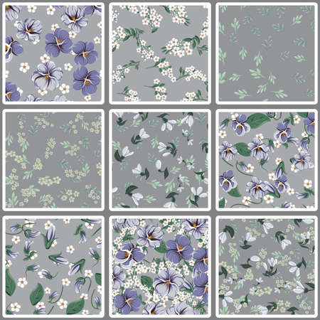 Seamless colorful pattern with leaves and bellflowers, violet leaves, violaceous flowers and small white simple flowers on a gray backgroundのイラスト素材