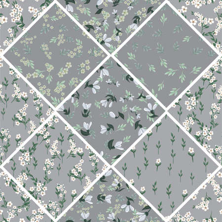 Seamless colorful pattern with leaves and bellflowers on a light background in patchwork style,...