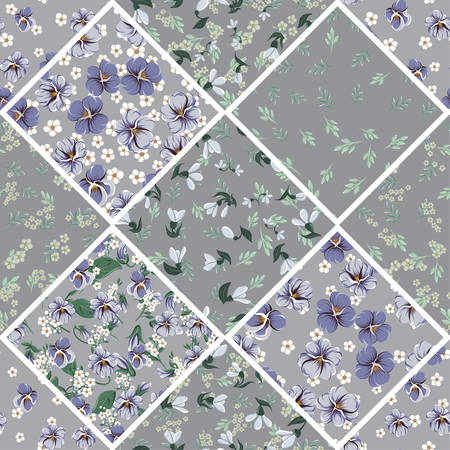 Seamless colorful pattern with leaves and bellflowers, violet leaves, violaceous flowers and small white simple flowers on a gray background in patchwork style, textile printのイラスト素材
