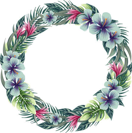 vector drawings of round wreath with tropical plants, floral frameのイラスト素材