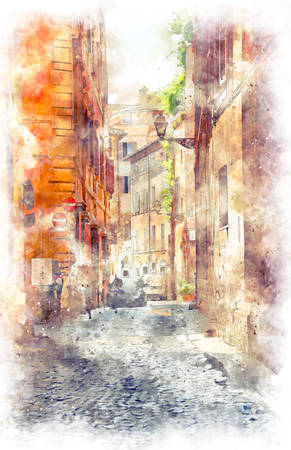 Digital illustration in watercolor style of narrow alleys of the old city in the center of Romeの写真素材