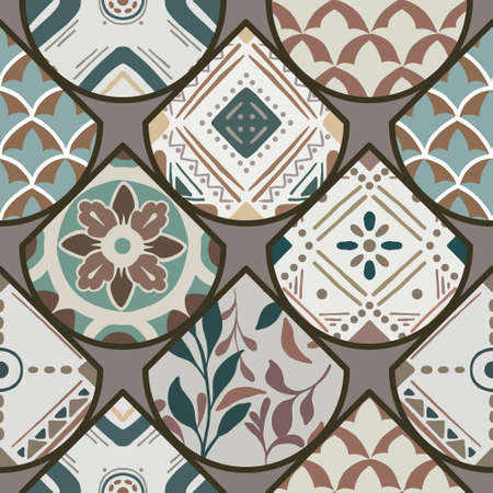 Luxury oriental tile seamless pattern in style of colorful floral patchwork boho chic with mandala...