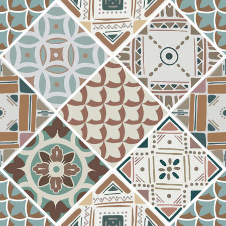Colorful floral seamless hand drawn ornamental east pattern in patchwork boho chic style from rhomb,...