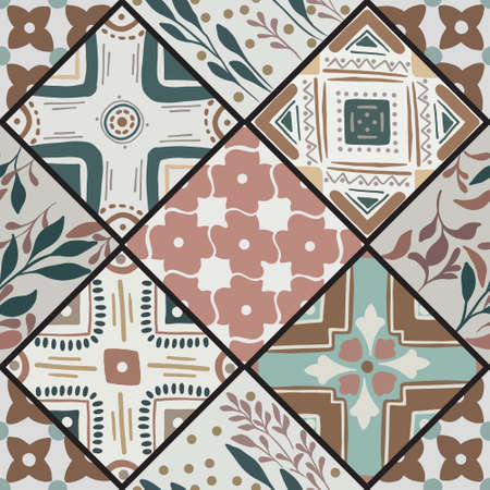 Colorful floral seamless hand drawn ornamental east pattern in patchwork boho chic style from rhomb,...