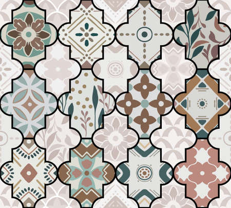 Colorful floral seamless hand drawn ornamental east pattern in patchwork boho chic style with lattice, in portuguese and moroccan motifのイラスト素材