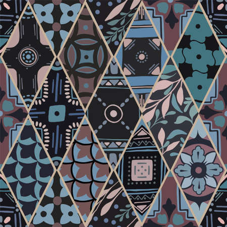 Colorful floral seamless hand drawn ornamental east pattern in patchwork boho chic style from rhomb, in portuguese and moroccan motifのイラスト素材