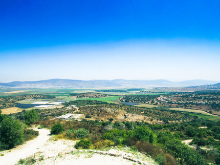 View of farms and fields from a national park in Israel.の写真素材