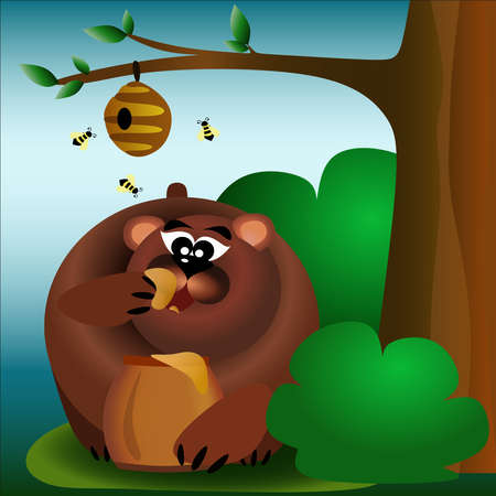 Educational picture for kids with brown bear in the forest eating honey next to bees and bee hive vector illustrationのイラスト素材