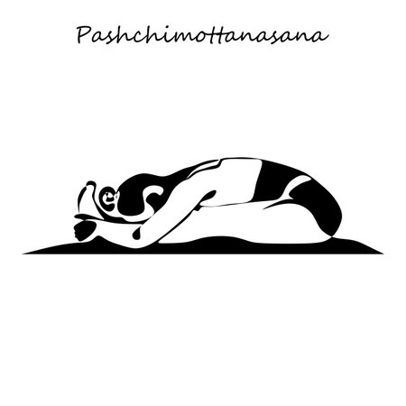 continuous line drawing. Young woman making yoga exercise, silhouette picture. One line drawn black and white illustration. Ardha chakrasana postureのイラスト素材