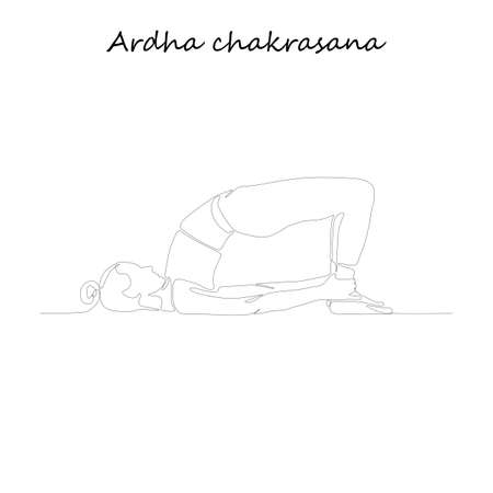 continuous line drawing. Young woman making yoga exercise, silhouette picture. One line drawn black and white illustration. Ardha chakrasana postureのイラスト素材