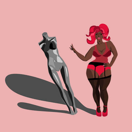 Conceptual illustration of inclusive beauty. Gorgeous plus size black woman pushes away a mannequin with a perfect figureのイラスト素材