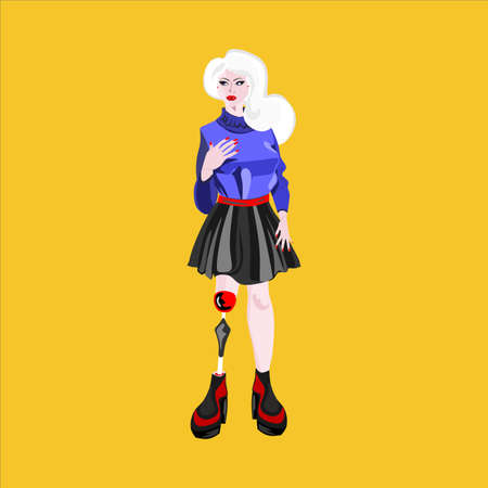 Young gorgeous disabled girl with a leg prosthesis. Stylish beautiful blonde girl in a short skirt. Be great no matter whatのイラスト素材