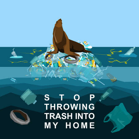 Fur seal lies on an island of plastic waste. Conceptual illustration about the problem of pollution...