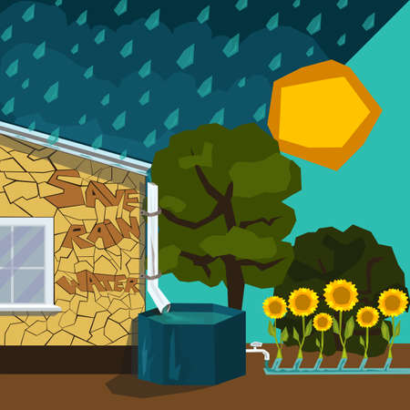 Rainwater rooftop harvesting system, collecting rain run-off in barrel. Runoff collection and storage of rainfall for reuse in household, garden in dry seasons. creative stylized illustrationのイラスト素材
