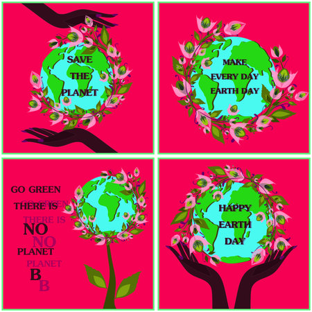 earth day. International Mother Earth Day. Environmental problems and environmental protection. Black skin hands holding globe. vector illustration. Caring for Nature. Set of vector illustrationsのイラスト素材