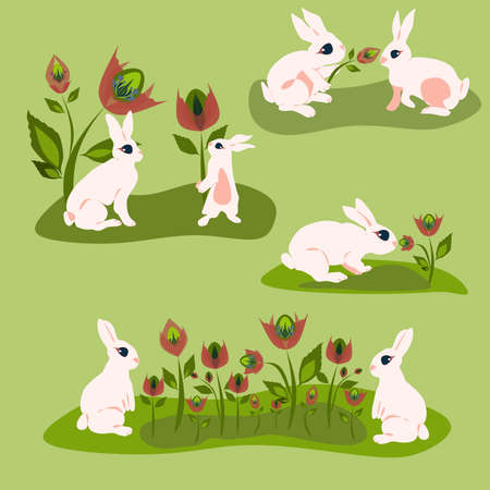 Easter holiday concept design in pastel colors cartoon style vector isolated illustration. Big Set of 7 bunnies picking flowers in the meadow, give them to each other and smell the flowers.のイラスト素材