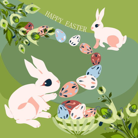 Happy Easter holiday and Hello spring concept in pastel colors cartoon style design with lettering for banner, greeting card. Easter bunnies collecting colored eggs in a basket.のイラスト素材