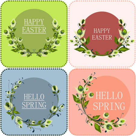 Happy Easter holiday and Hello spring concept in pastel colors cartoon style design. Four isolated vector greeting cards with lettering. Flowers, flower wrethのイラスト素材