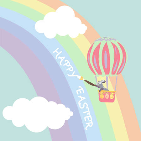 One Easter bunny flying in the sky on air balloon and paints the lettering Happy Easter on the rainbow with pastel colors against a backdrop of rainbows and clouds. Happy Easter vector isolated cute illustration in pastel colors with lettering Happy Easter, greeting card, post, bannerのイラスト素材