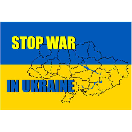Stop war sign with hand icon. No war in Ukraine conceptal vector illustration with lettering Stop war in Ukraine and painted hand palm on the background of the map of Ukraineのイラスト素材
