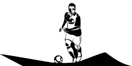 Football, soccer player kicking ball. Isolated vector silhouette. Football defender, striker or goalkeeperのイラスト素材