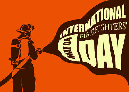 International firefighter day concept. Firefighter silhouette vector illustration, as a banner, poster or template for international firefighters day with lettering. firefighter extinguishes fire with water from a hoseのイラスト素材